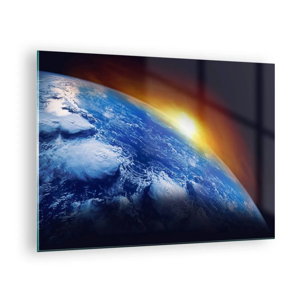 Üveg kép - Föld az űrben, napsugarak által megvilágítva - 70x50cm - Napkelte a kék bolygó felett - Modern fali dekoráció nappalihoz és hálószobához ARTTOR