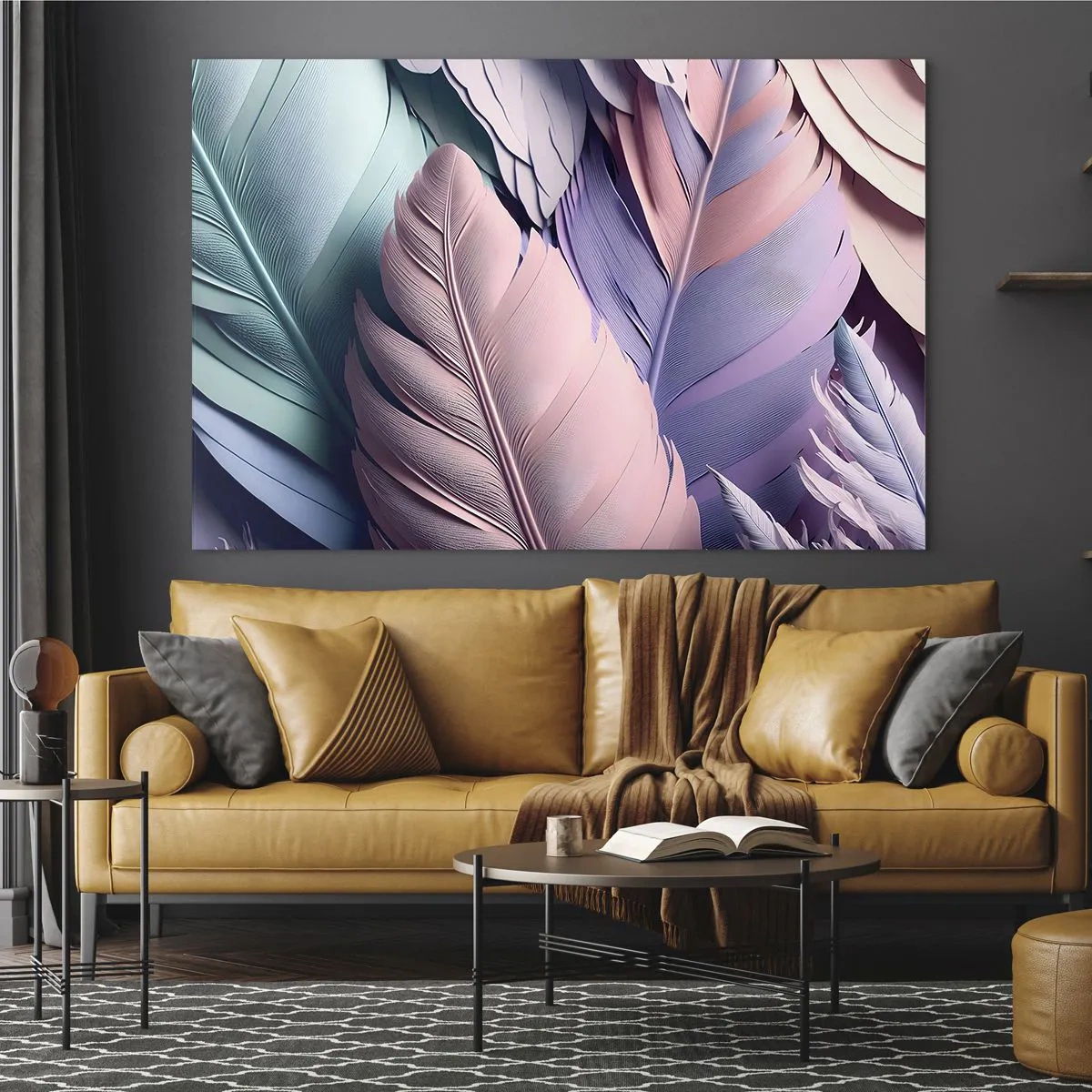 Üveg kép - Pasztell tollak rózsaszín, lila és türkiz árnyalatokban - 70x50cm - Madár sikk - Modern fali dekoráció nappalihoz és hálószobához ARTTOR