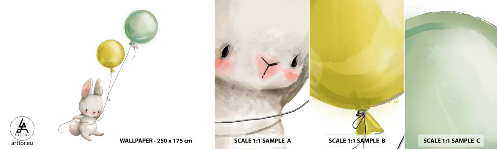 Fotótapéta Minta Öntapadós Deluxe Sticker - Én is repülök! - Gyerekeknek, Nyúl, Színes léggömbök - 100x30 cm