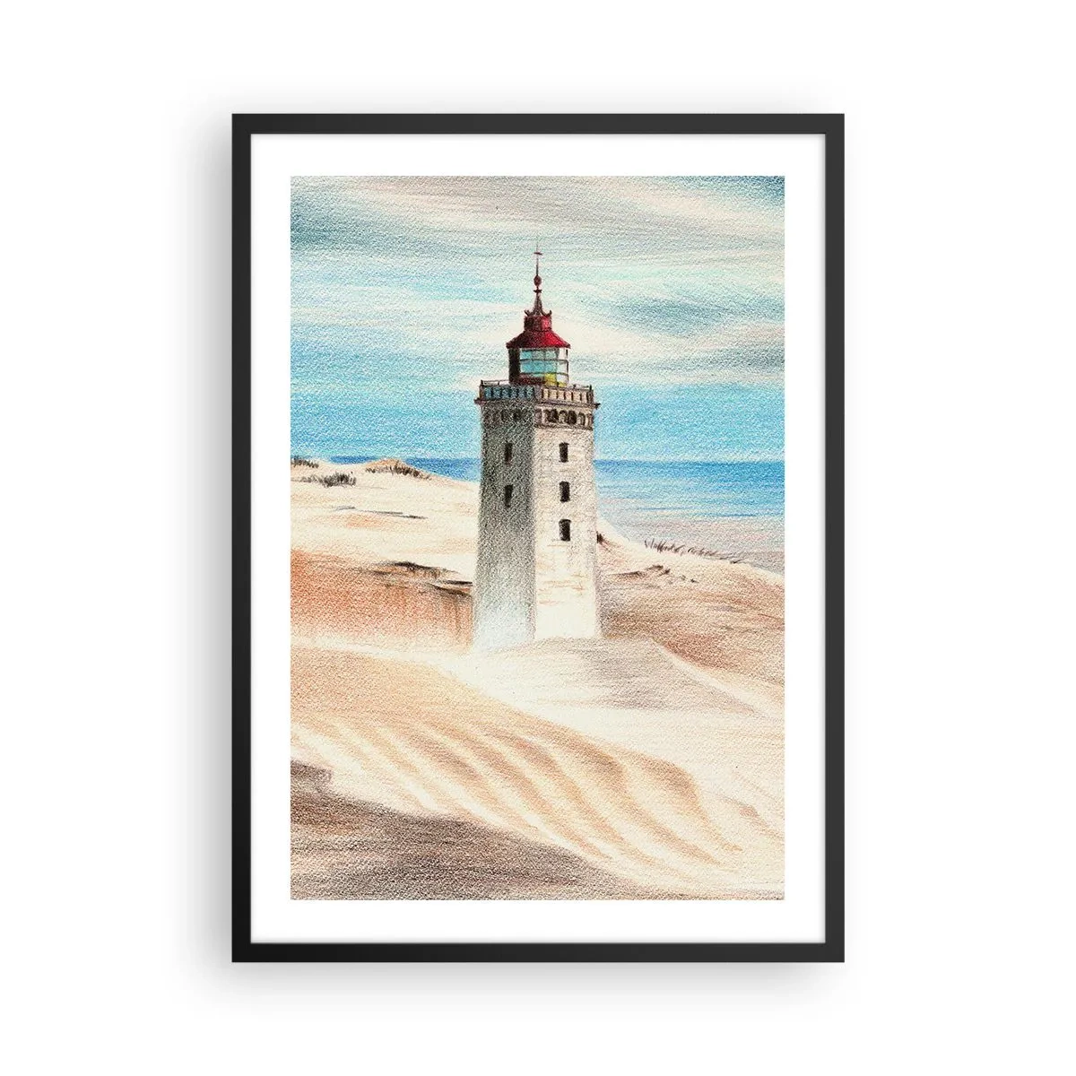 Poszter fehér keretben - Egy világítótorony a homokdűnék és a kék ég hátterében - 50x70cm - Mindig a tengert bámulva - Modern fali dekoráció nappalihoz és hálószobához ARTTOR