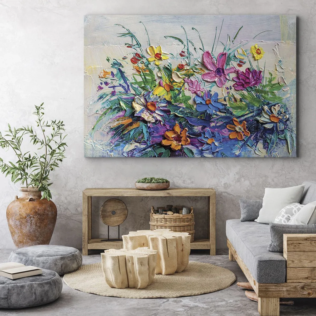 Vászonkép - Egy színes virágcsokor, impasto technikával festve - 70x50cm - Egyáltalán nem csendélet - Modern fali dekoráció nappalihoz és hálószobához ARTTOR