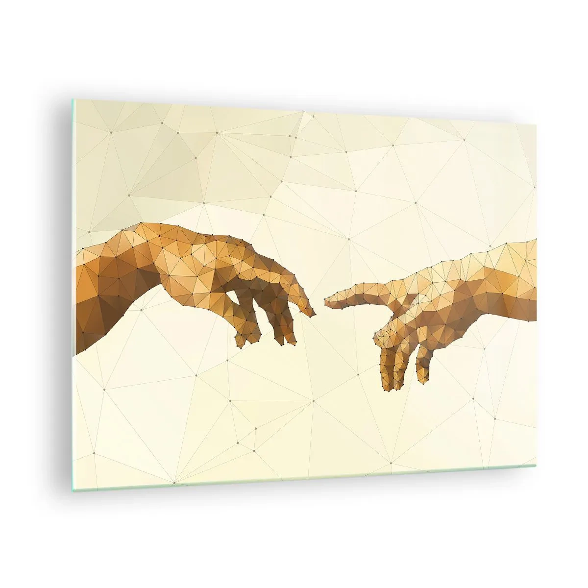 Üveg kép - Az „Ádám teremtése” című festmény stilizált változata poligon technikával - 70x50cm - Isteni geometria - Modern fali dekoráció nappalihoz és hálószobához ARTTOR