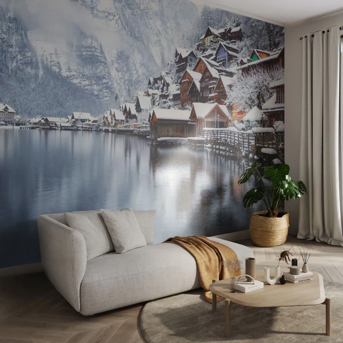 Öntapadós Fotótapéta Deluxe Sticker - Téli díszben - Tájkép, Hegyvidéki település, Téli - 250x175 cm