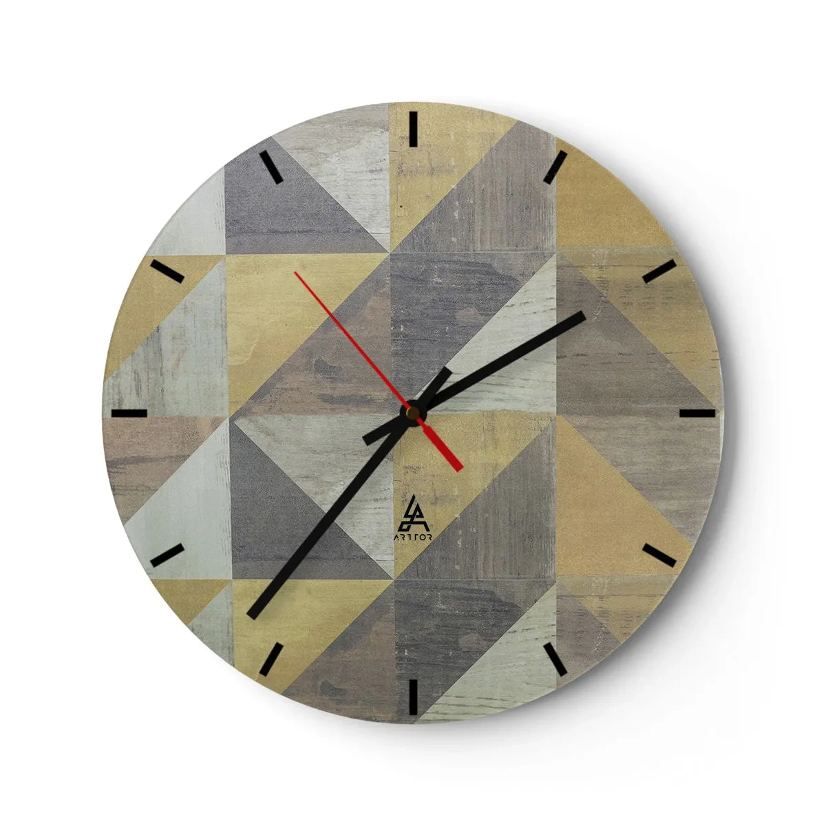 Falióra, Óra - Geometriai minta háromszögekből szürke és bézs árnyalatokban - 30x30cm - A háromszög szögében - Modern fali dekoráció nappalihoz, konyhához és hálószobához ARTTOR