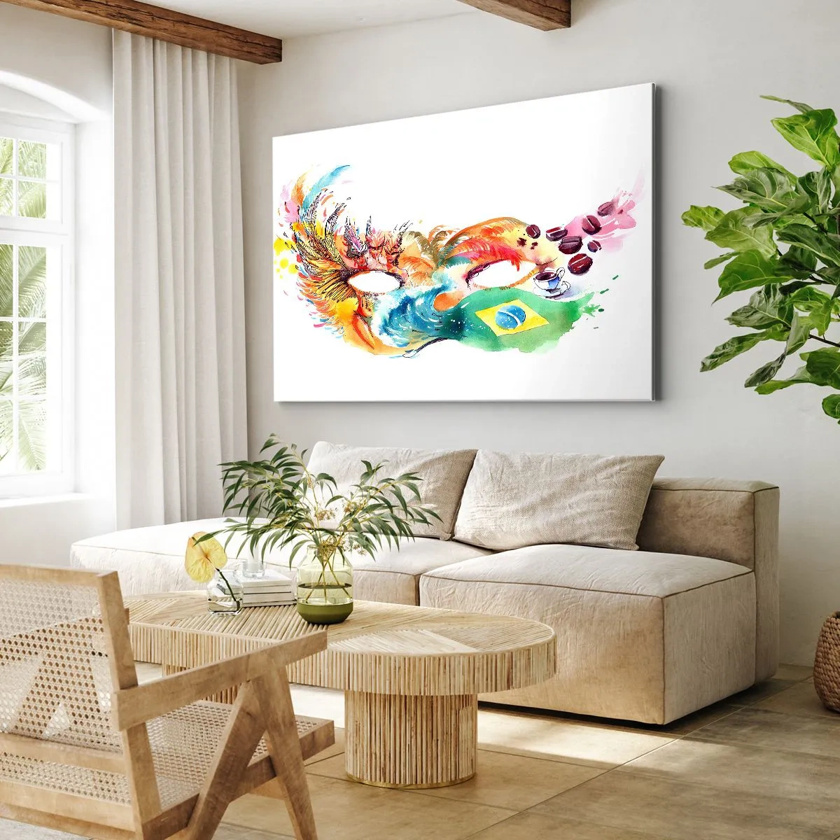 Vászonkép - Brazília ihlette színes akvarell maszk - 70x50cm - Brazília szambával üdvözöl - Modern fali dekoráció nappalihoz és hálószobához ARTTOR