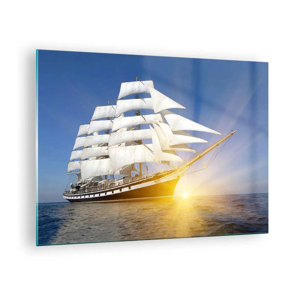 Üveg kép - Egy vitorlás hajó, amelyet a nap sugarai világítanak meg a nyílt tengeren - 70x50cm - Soha nem múlik el az idejük - Modern fali dekoráció nappalihoz és hálószobához ARTTOR