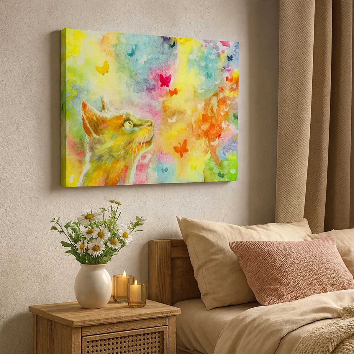 Vászonkép - Egy macska színes pillangókkal körülvéve - 70x50cm - Baju-baju a macskaparadicsomban - Modern fali dekoráció nappalihoz és hálószobához ARTTOR