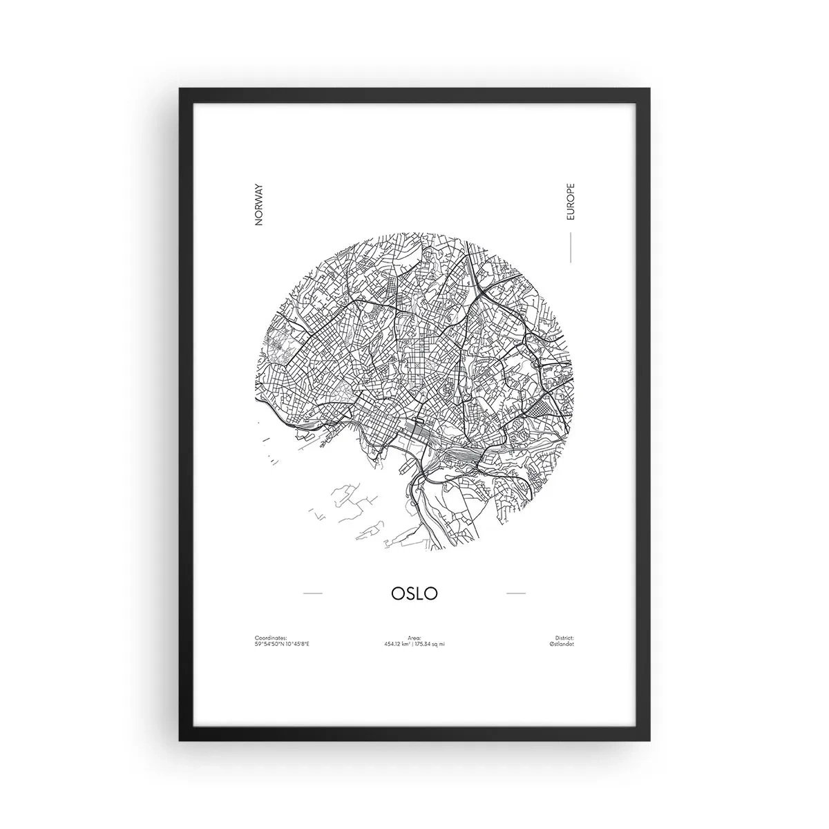 Poszter fehér keretben - Oslo minimalista fekete-fehér térképe - 50x70cm - Oslo anatómiája - Modern fali dekoráció nappalihoz és hálószobához ARTTOR