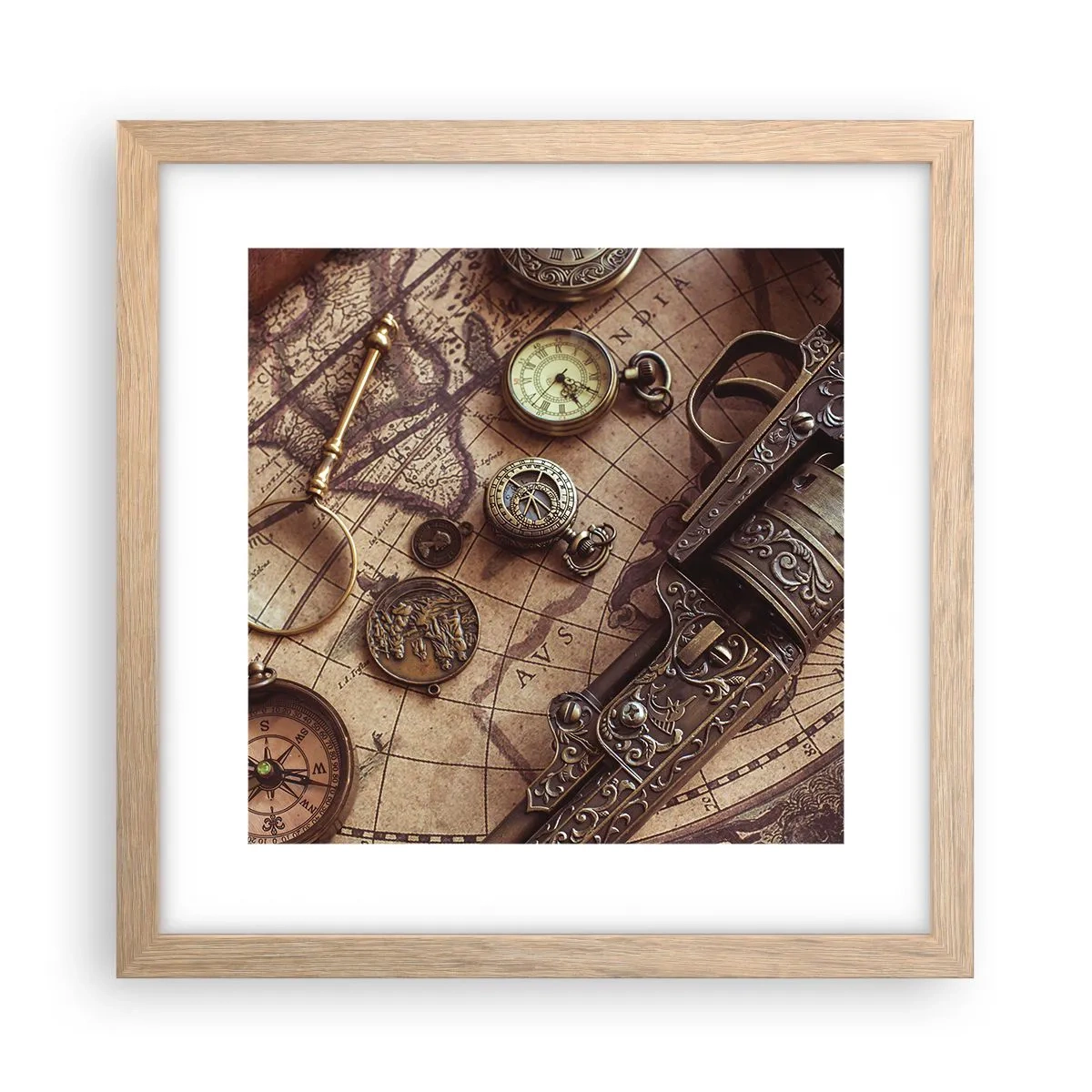 Poszter világos tölgy keretben - Hív a kaland  - 30x30 cm