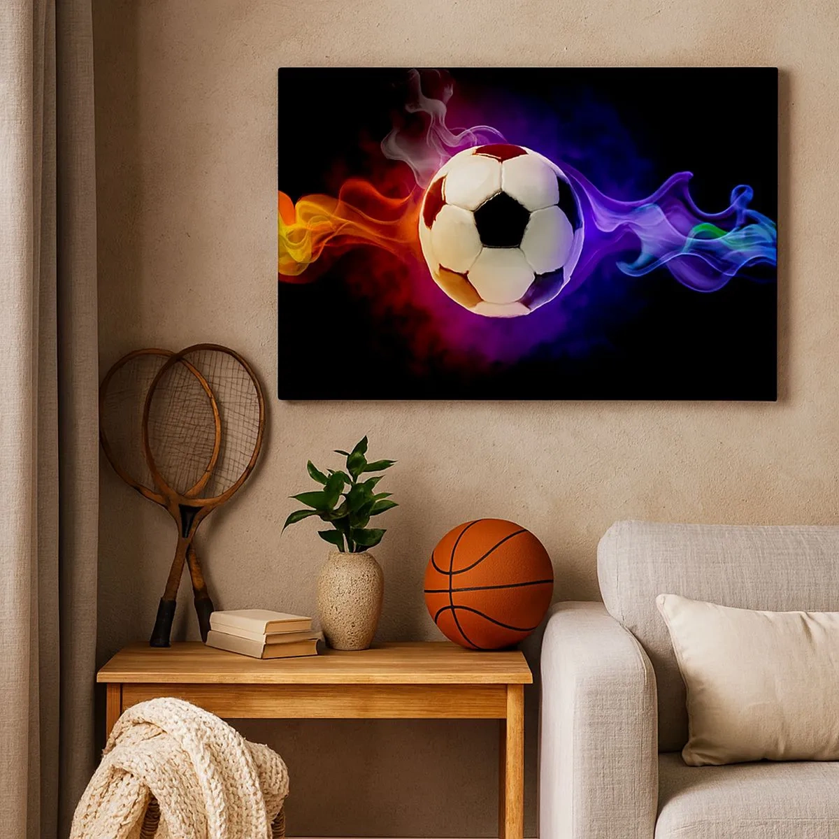 Vászonkép - Egy futball-labda, sötét háttér előtt színes füsteffektusokkal körülvéve. - 70x50cm - A játék varázsereje - Modern fali dekoráció nappalihoz és hálószobához ARTTOR