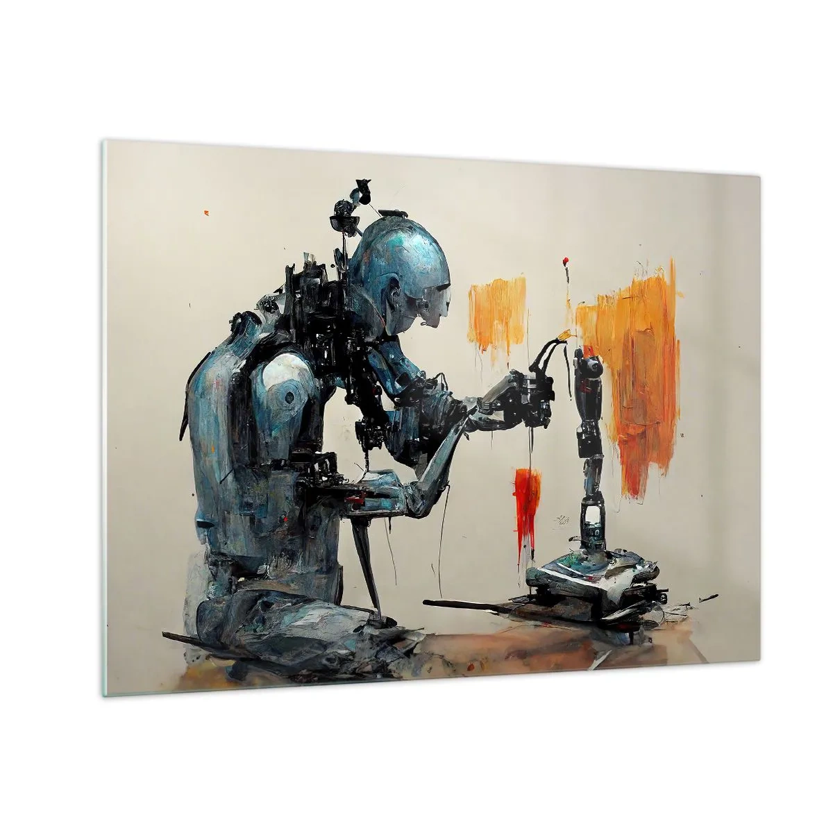 Üveg kép - Egy robot egy mechanikus kezet fest egy absztrakt háttérre. - 70x50cm - Már holnap... - Modern fali dekoráció nappalihoz és hálószobához ARTTOR