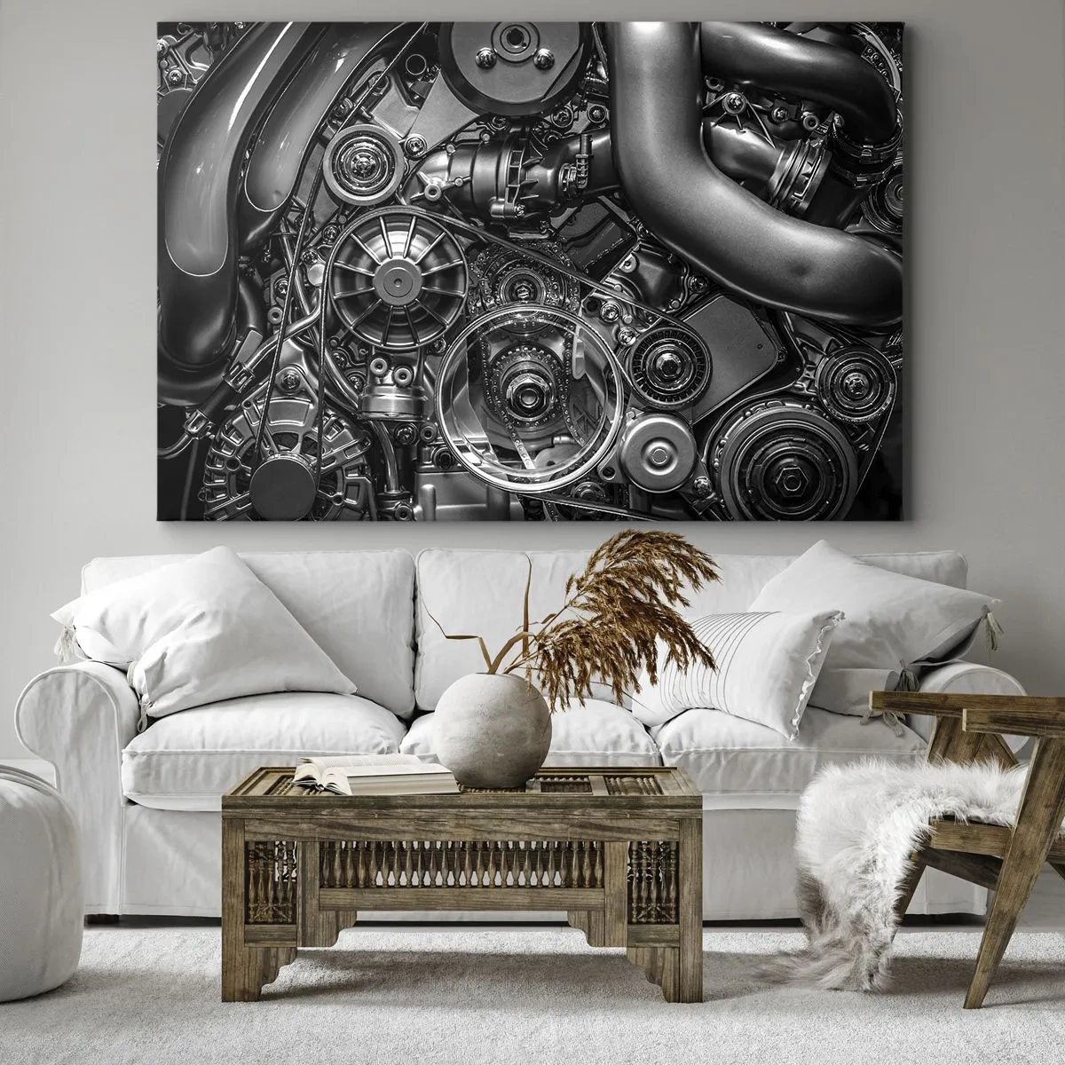 Vászonkép - Fekete-fehér közeli kép egy autó motorjának mechanikai részleteiről. - 70x50cm - A mechanika költészete - Modern fali dekoráció nappalihoz és hálószobához ARTTOR