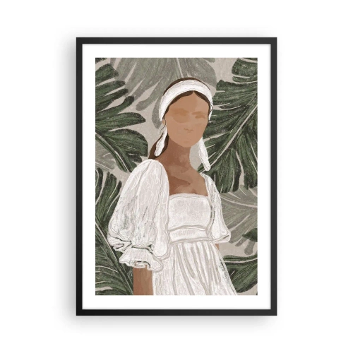 Poszter fehér keretben - Egy fehér ruhás nő zöld levelek hátterében - 50x70cm - Egzotikus portré - Modern fali dekoráció nappalihoz és hálószobához ARTTOR