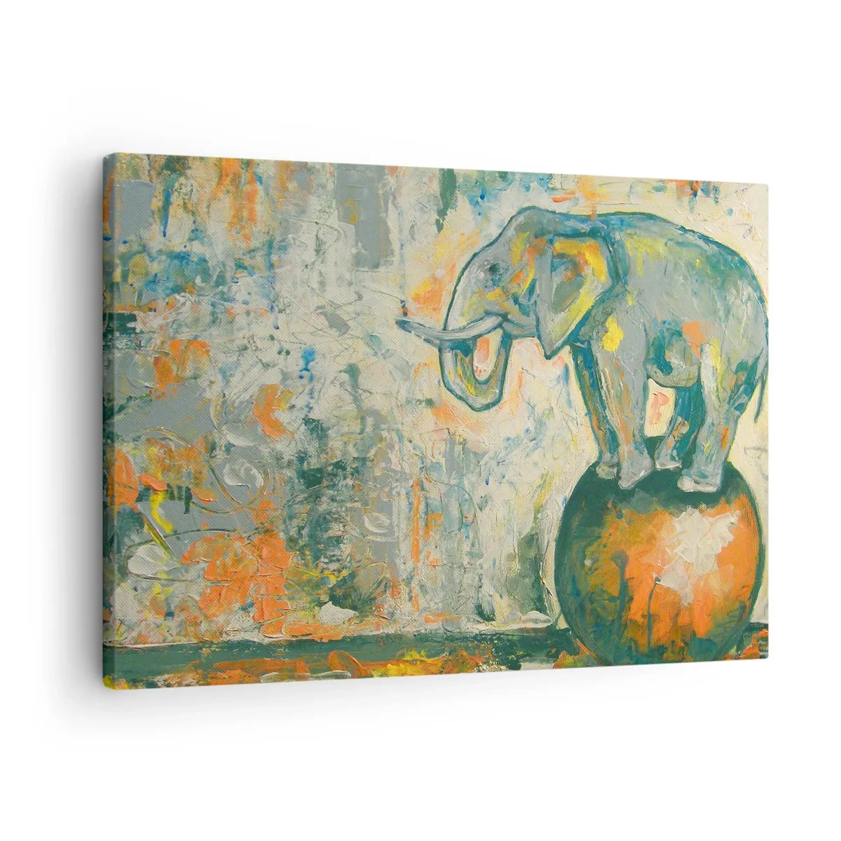 Vászonkép - Egy elefánt egyensúlyoz egy labdán művészi stílusban - 70x50cm - Éljen a cirkusz! - Modern fali dekoráció nappalihoz és hálószobához ARTTOR