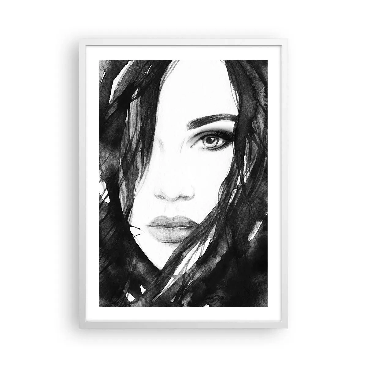 Poszter fekete keretben - Fekete-fehér hölgy portréja - 50x70 cm