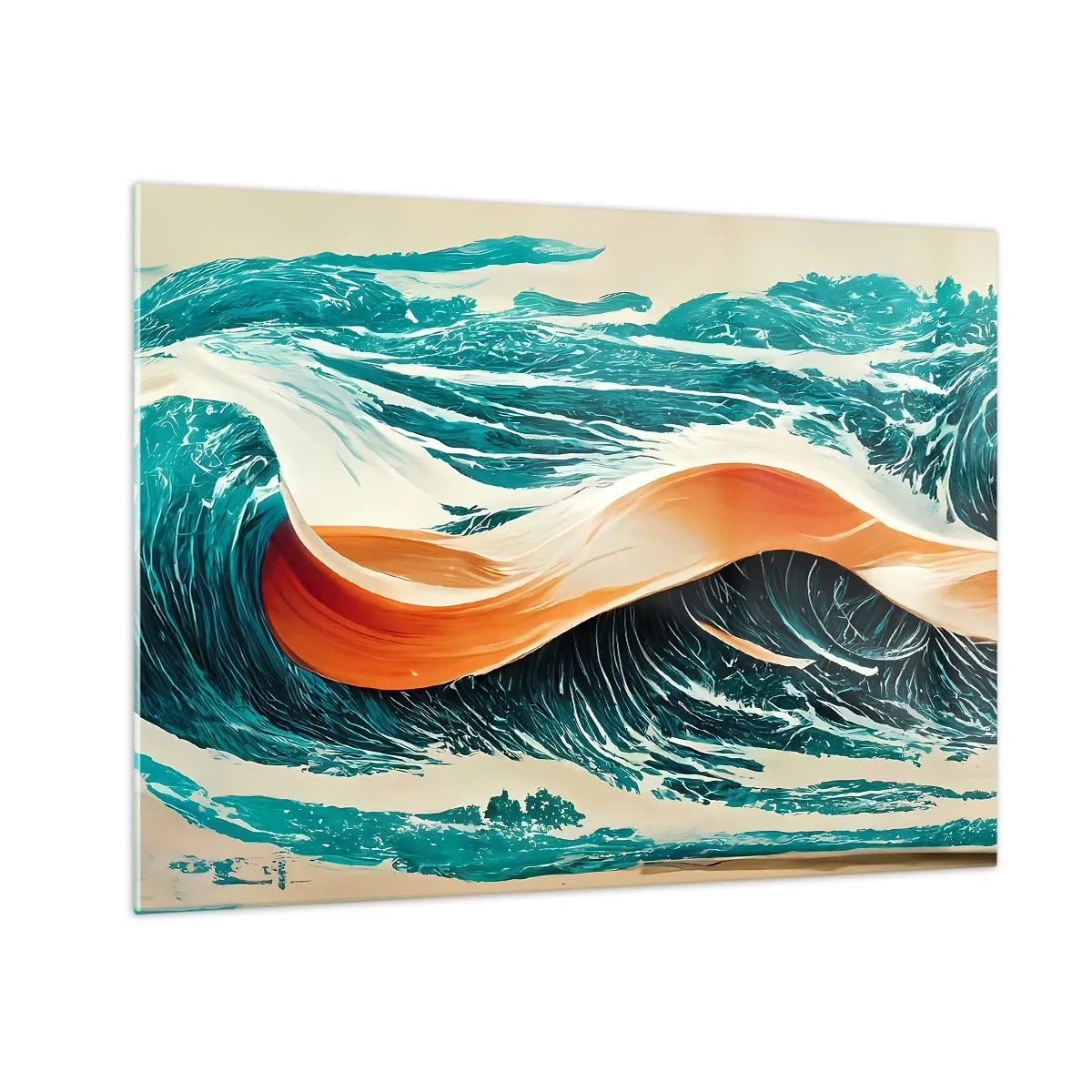 Üveg kép - Türkiz hullámok narancssárga szalaggal szürreális stílusban - 70x50cm - Szörfös álma - Modern fali dekoráció nappalihoz és hálószobához ARTTOR