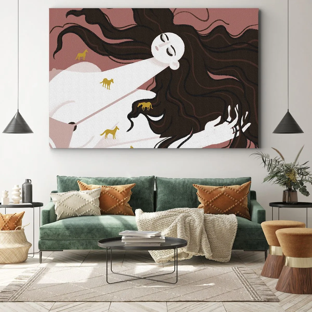 Vászonkép - Egy csukott szemű alak, aranyló lovakkal körülvéve - 70x50cm - Álom egy arany lóról - Modern fali dekoráció nappalihoz és hálószobához ARTTOR