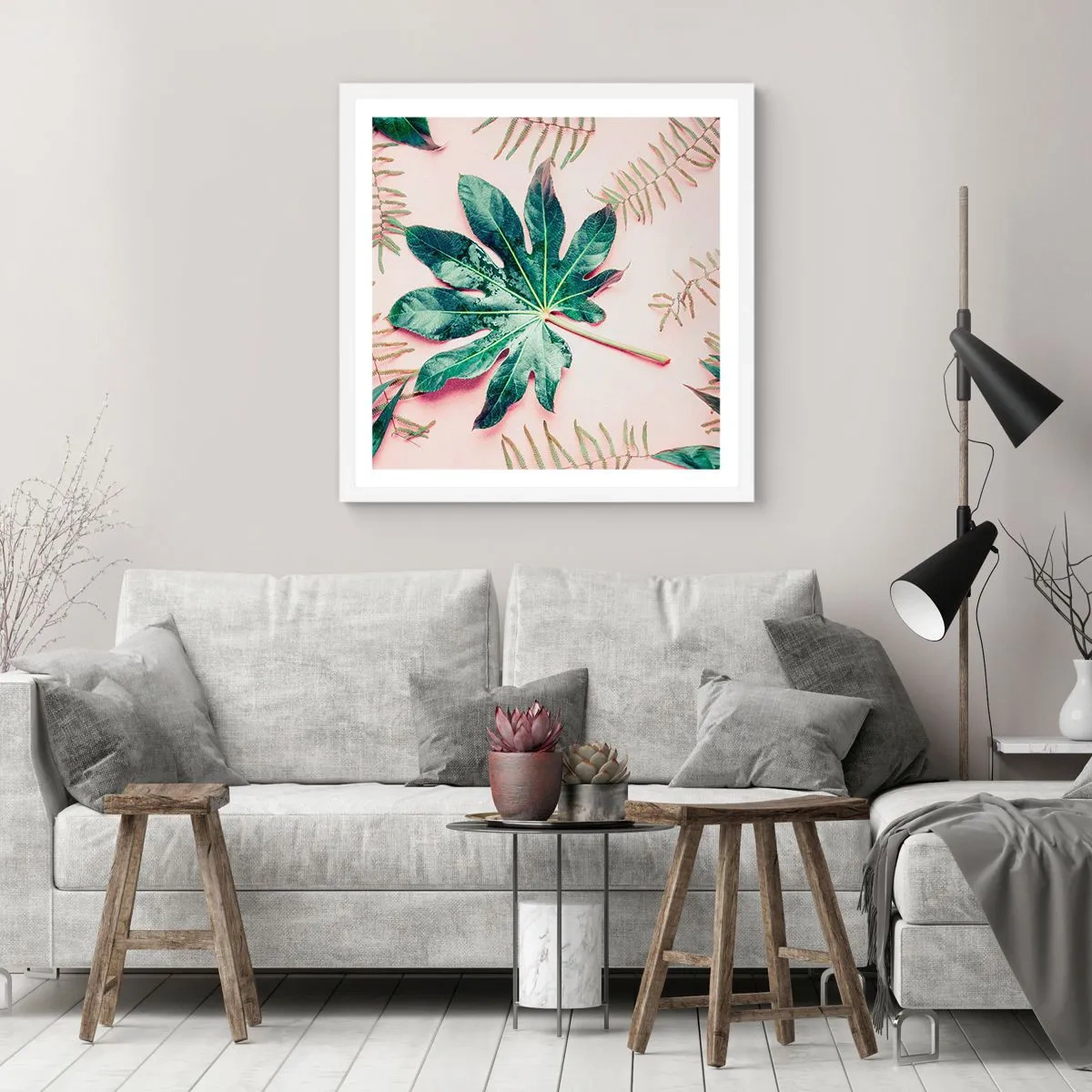 Poszter fekete keretben - A zöld tanulmánya a rózsaszín háttérben - 40x40 cm