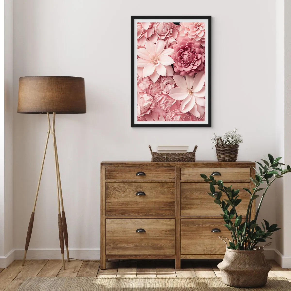 Poszter fehér keretben - Rózsaszín virágok elegáns kompozícióban - 50x70cm - Rózsaszín szirmokban - Modern fali dekoráció nappalihoz és hálószobához ARTTOR