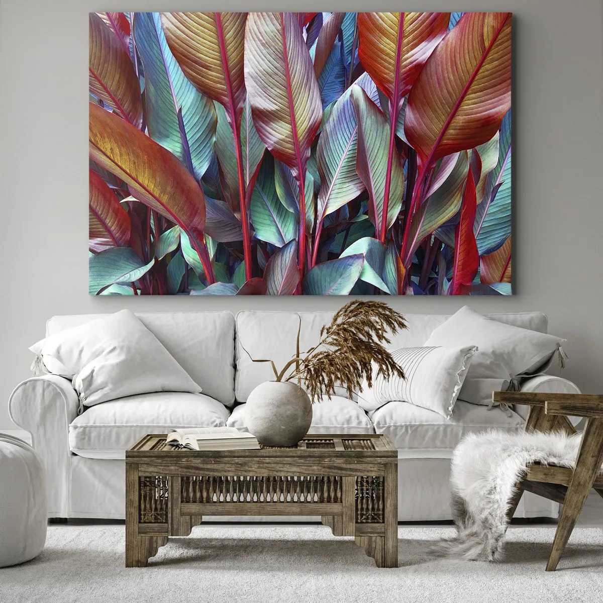 Vászonkép - Trópusi növények színes levelei a bozótosban - 70x50cm - Egy színes sűrű - Modern fali dekoráció nappalihoz és hálószobához ARTTOR