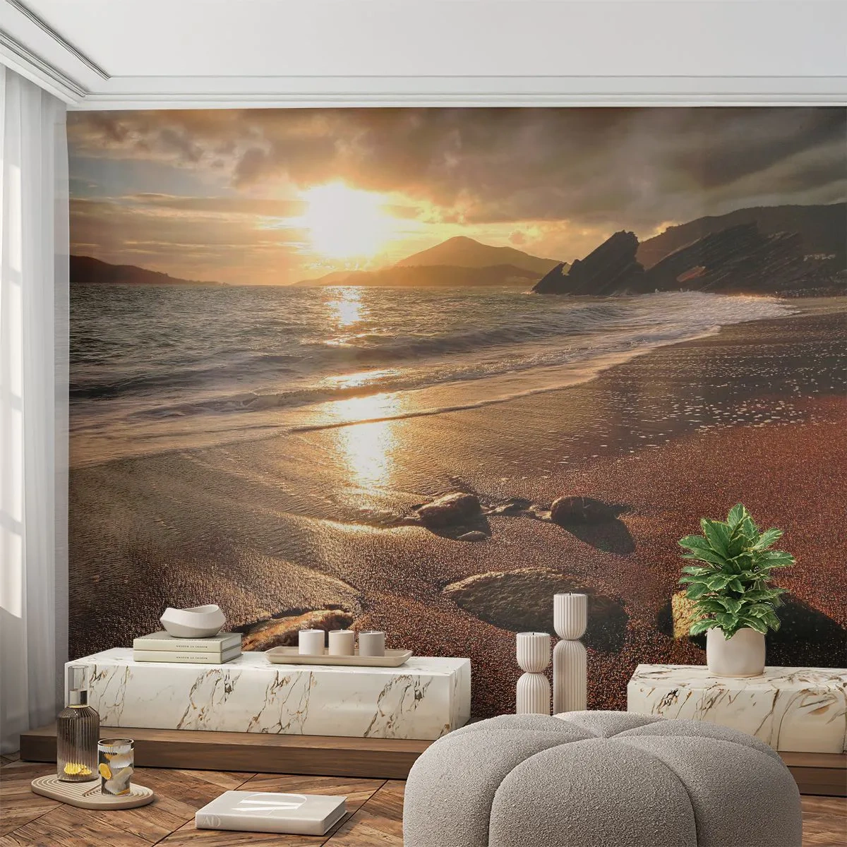 Fotótapéta Premium Sand - Kövesd a napot a dombok felé - Tájkép, Tenger, Napnyugta - 400x280 cm