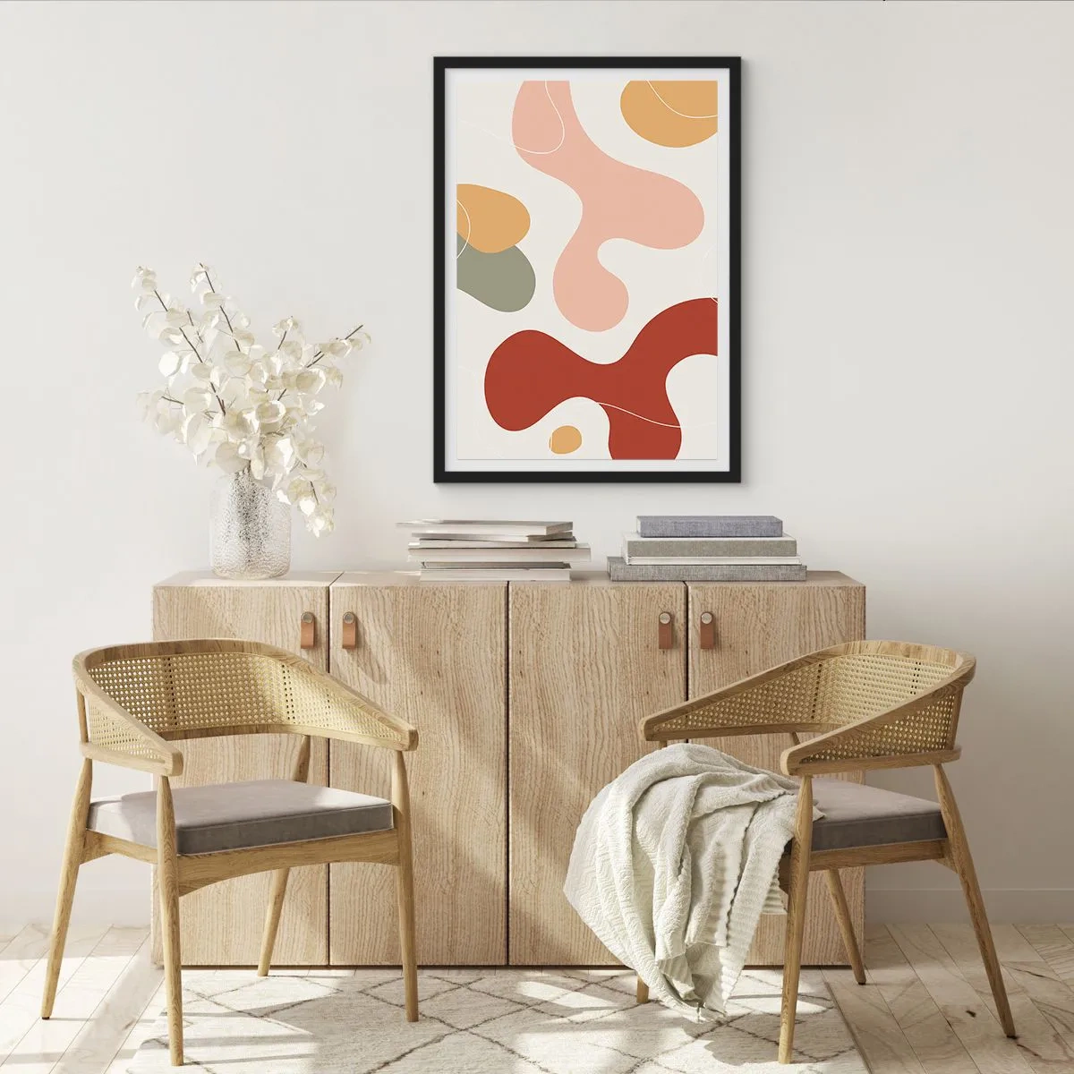 Poszter fehér keretben - Meleg pasztell árnyalatokban pompázó absztrakt kompozíció. - 50x70cm - Pöttyök vagy hullámok? - Modern fali dekoráció nappalihoz és hálószobához ARTTOR