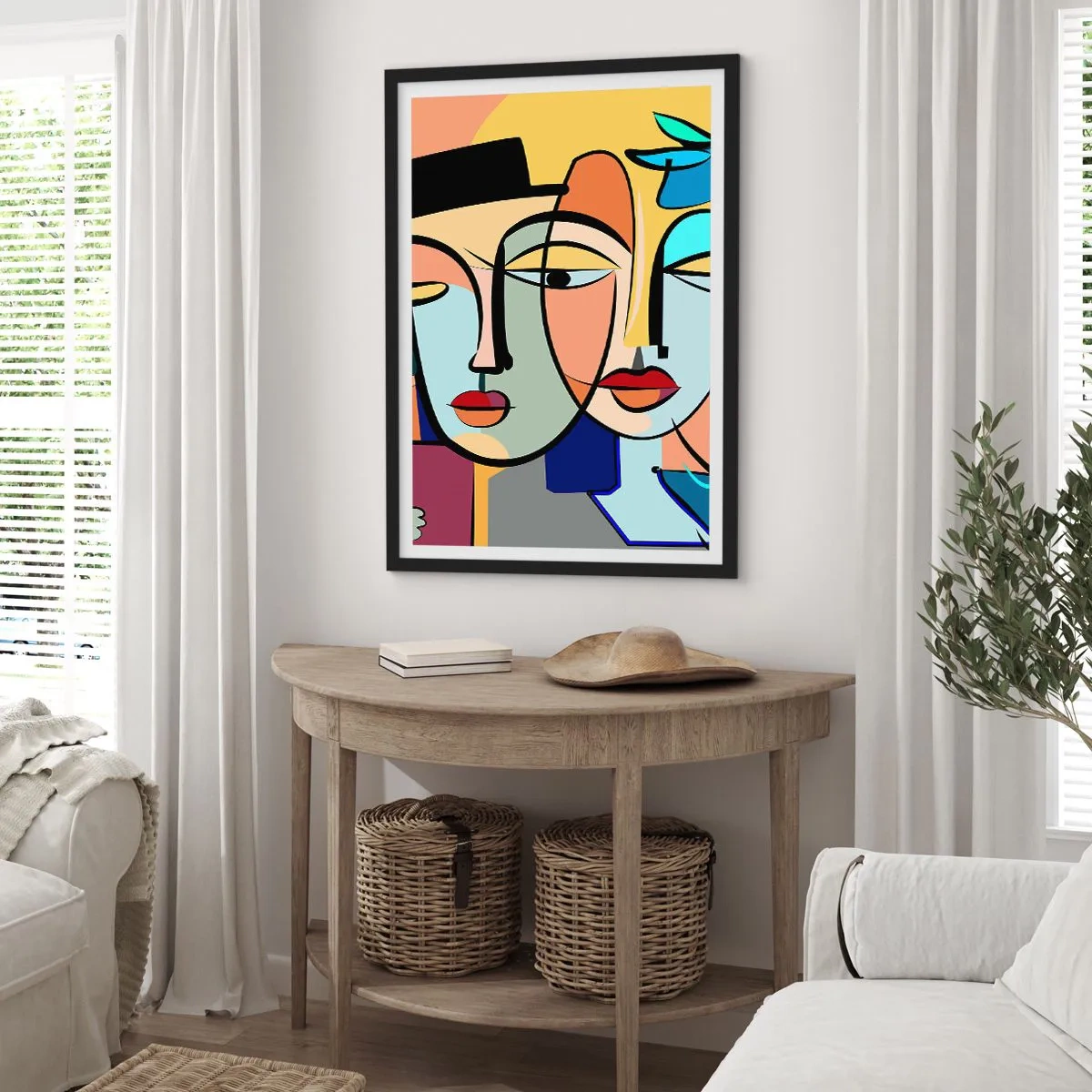 Poszter fehér keretben - Színes absztrakt arckompozíció kubista stílusban - 50x70cm - Picasso randez vous - Modern fali dekoráció nappalihoz és hálószobához ARTTOR