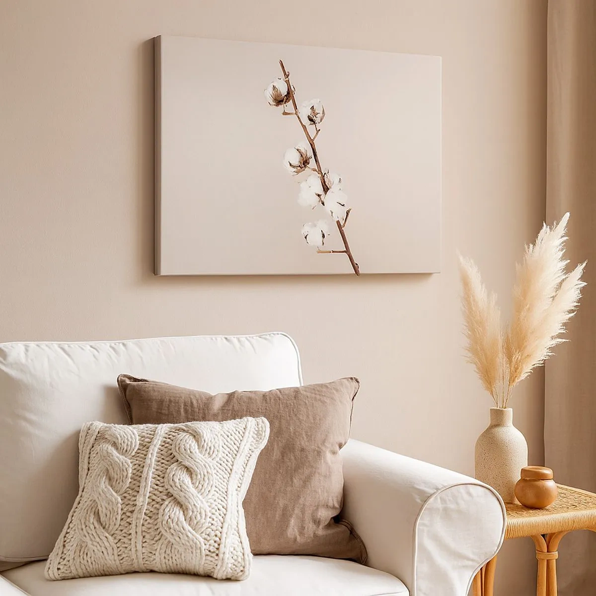 Vászonkép - Egy szál pamut bézs alapon - 70x50cm - A puhaság forrásánál - Modern fali dekoráció nappalihoz és hálószobához ARTTOR