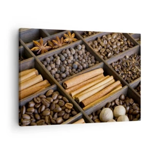 Vászonkép - Fűszerek és kávé fa rekeszekben - 70x50cm - Az aromák kincsesbányája - Modern fali dekoráció nappalihoz és hálószobához ARTTOR