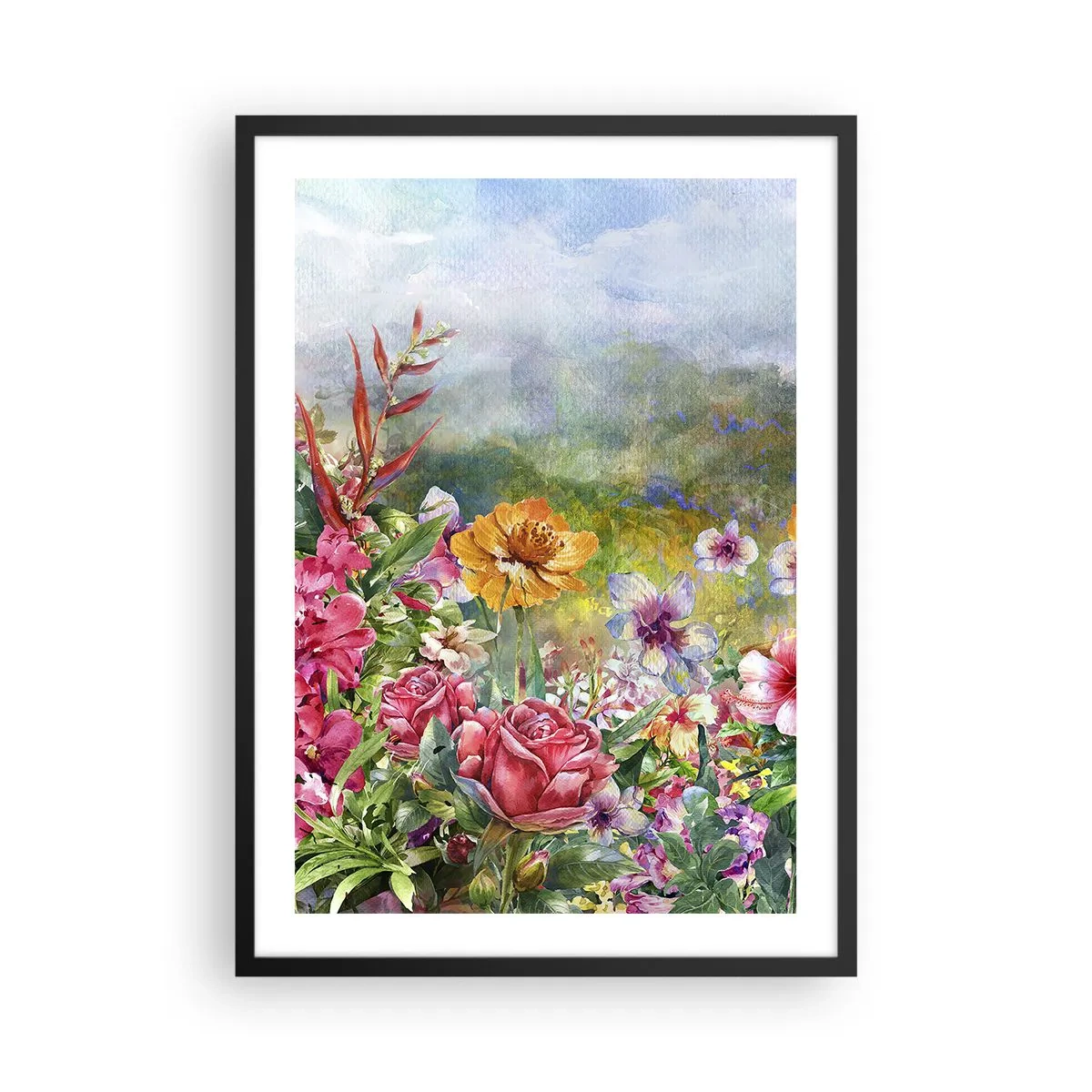 Poszter fehér keretben - Egy virágmező egy napsütéses napon - 50x70cm - A kert, amelyik megőrült - Modern fali dekoráció nappalihoz és hálószobához ARTTOR
