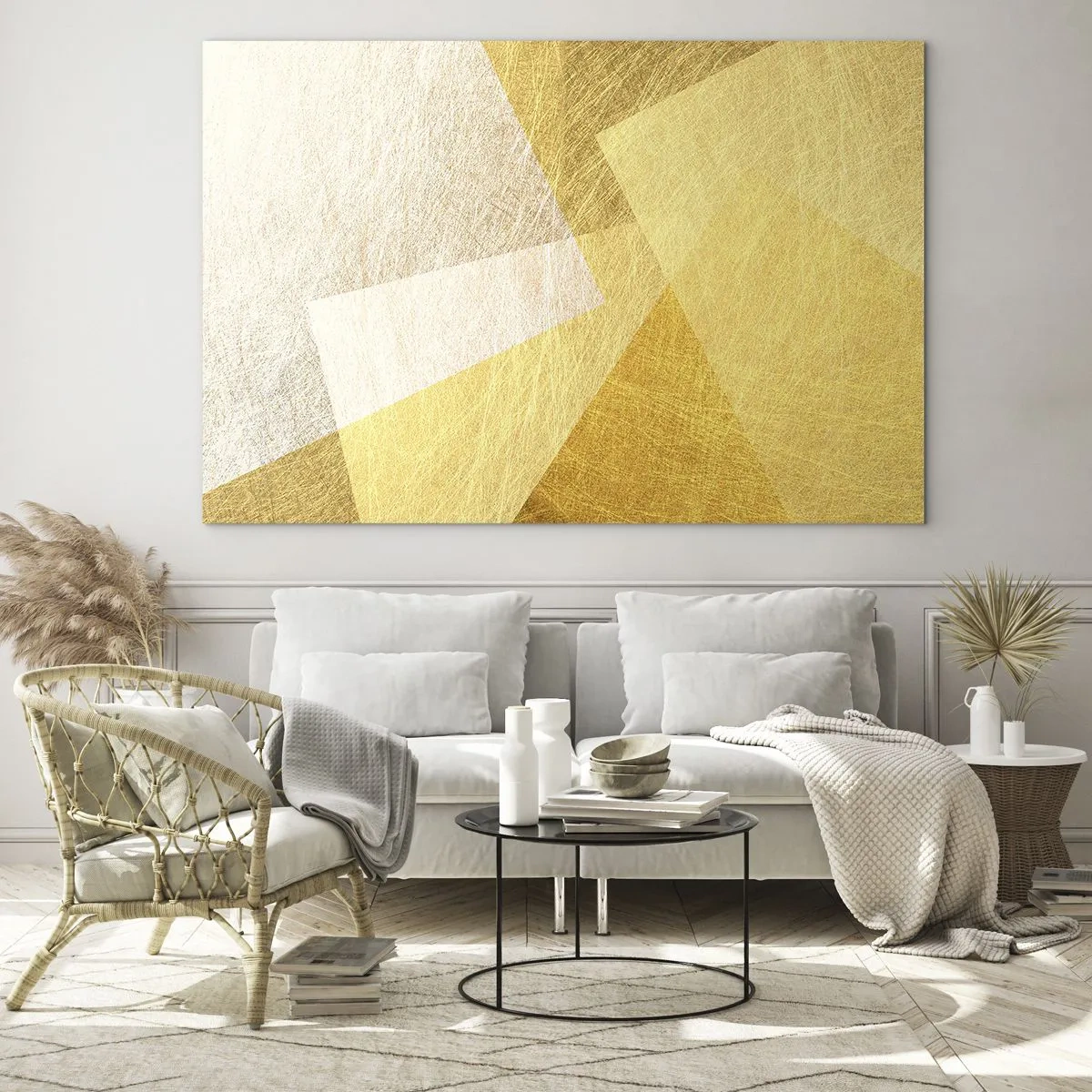 Üveg kép - Arany geometriai formák fém és könnyű textúrával - 70x50cm - A geometria időjárása - Modern fali dekoráció nappalihoz és hálószobához ARTTOR
