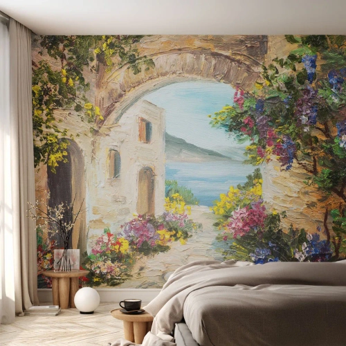 Fotótapéta Standard Eco - Egy tengerparti vidék varázsa - Építészet, Görögország, Virágok - 350x256 cm