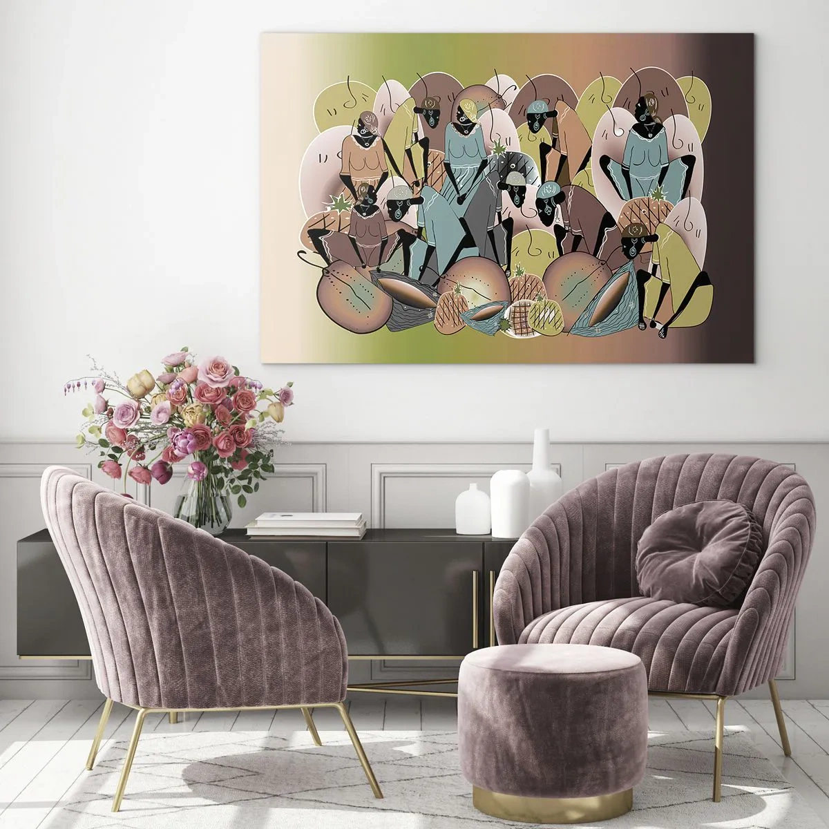Üveg kép - Bézs, zöld és rózsaszín árnyalatú alakok absztrakt illusztrációja. - 70x50cm - Jön a nagy ünnep - Modern fali dekoráció nappalihoz és hálószobához ARTTOR