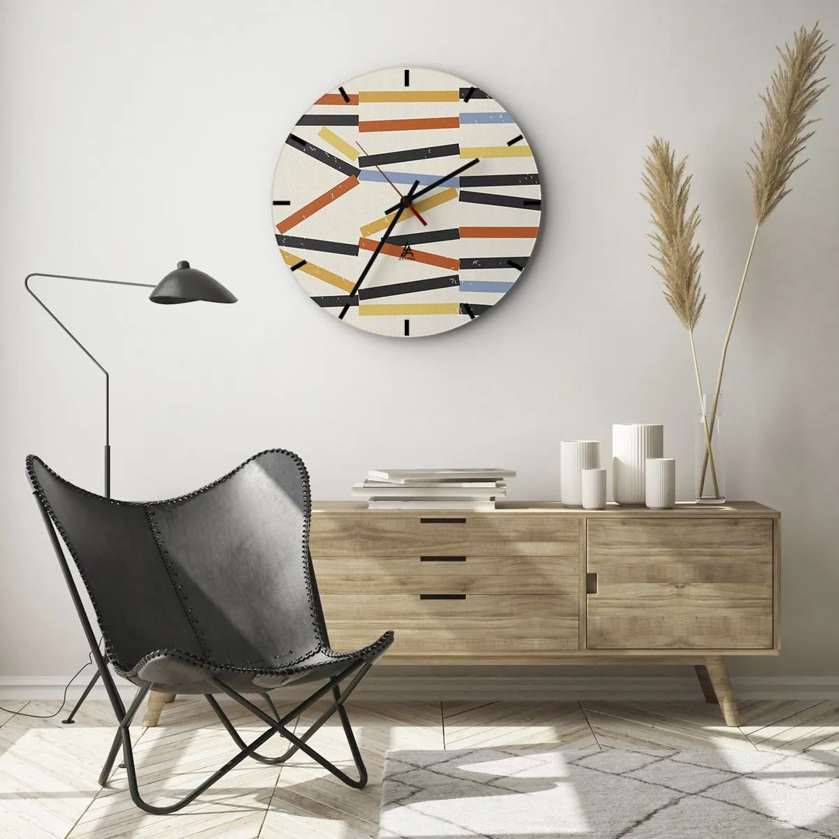 Falióra, Óra - Világos háttér előtt vízszintesen elrendezett színes és fekete téglalapok - 30x30cm - Vízszintes kompozíció - Modern fali dekoráció nappalihoz, konyhához és hálószobához ARTTOR