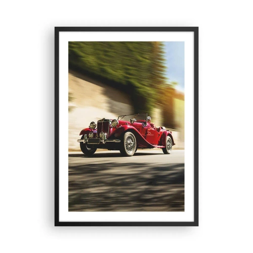 Poszter fehér keretben - Piros klasszikus autó elmosódott tájban - 50x70cm - Szebb, mint Szamothrakéi Niké - Modern fali dekoráció nappalihoz és hálószobához ARTTOR