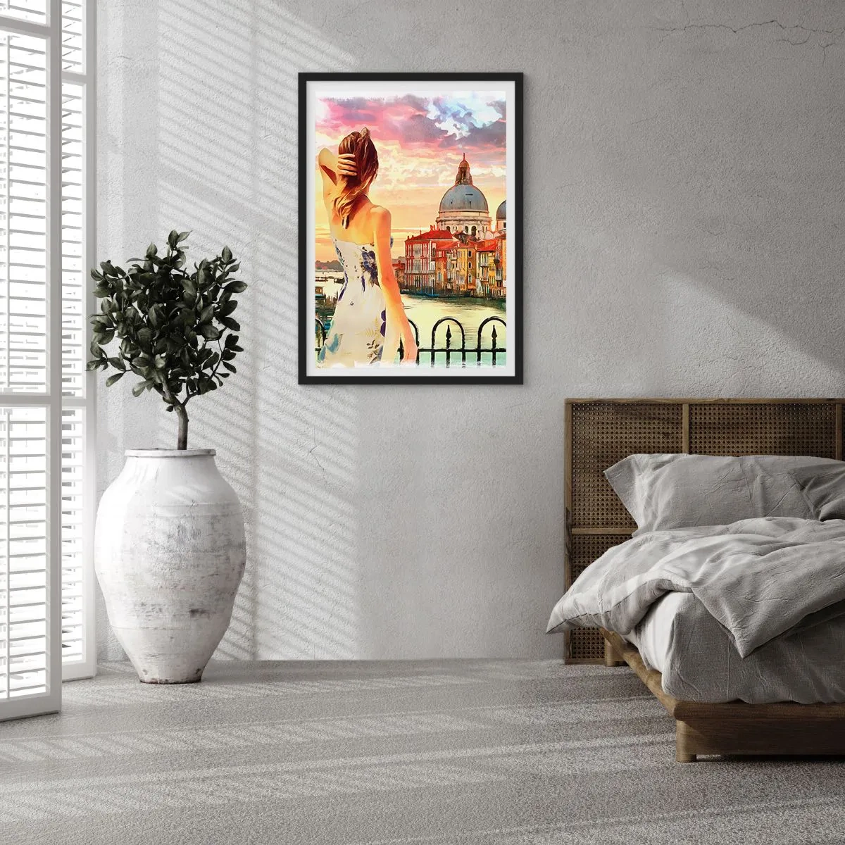 Poszter fehér keretben - Egy nő csodálja a történelmi város látképét naplementekor - 50x70cm - Ha kaland akkor csak a … - Modern fali dekoráció nappalihoz és hálószobához ARTTOR