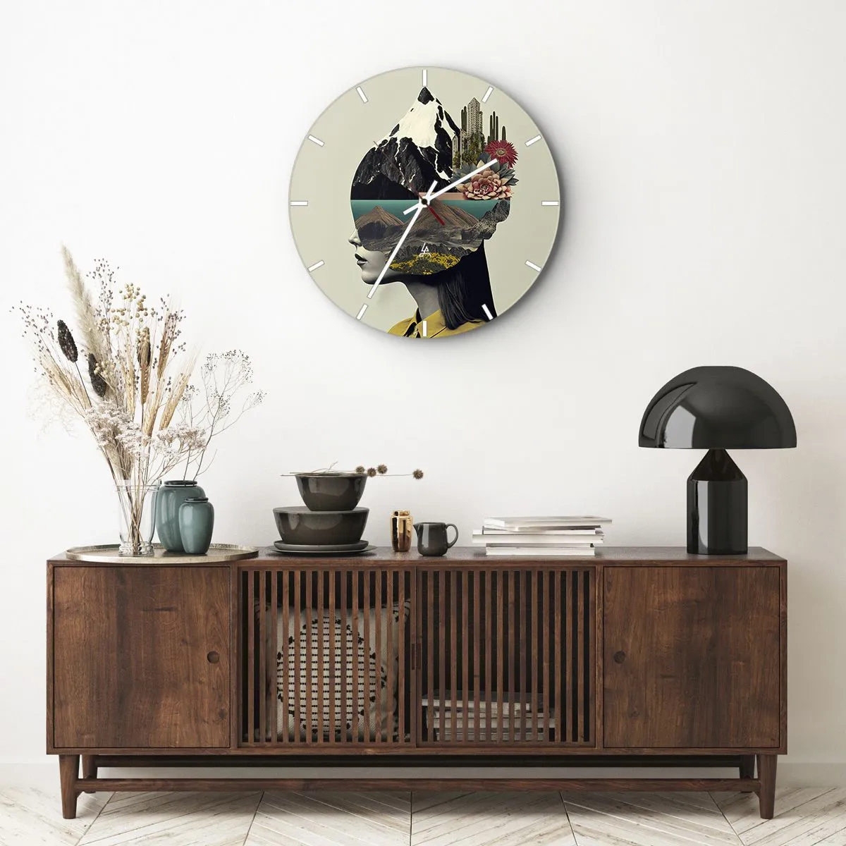 Falióra, Óra - Művészi portré egy nőről, fejében tájképpel és virágokkal - 30x30cm - Nő - mindig rejtély - Modern fali dekoráció nappalihoz, konyhához és hálószobához ARTTOR