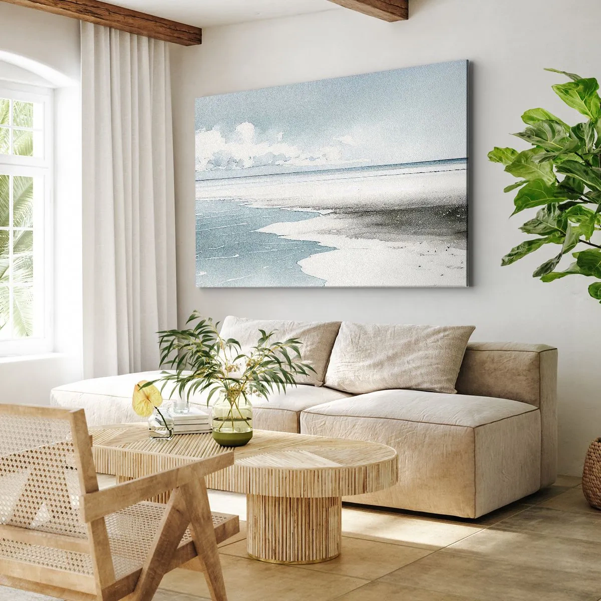 Vászonkép - Nyugodt tenger és strand világoskék árnyalatokban - 70x50cm - Szelíd dagály - Modern fali dekoráció nappalihoz és hálószobához ARTTOR