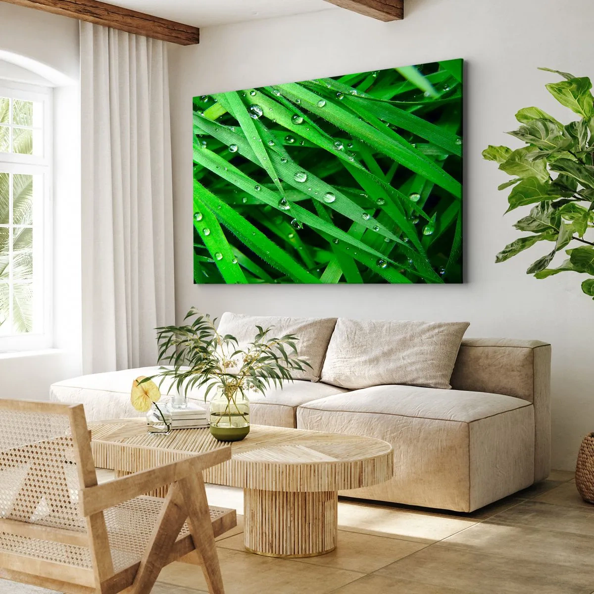 Vászonkép - Zöld fűszálak közeli képe harmatcseppekkel - 70x50cm - Játssz zöldet - Modern fali dekoráció nappalihoz és hálószobához ARTTOR