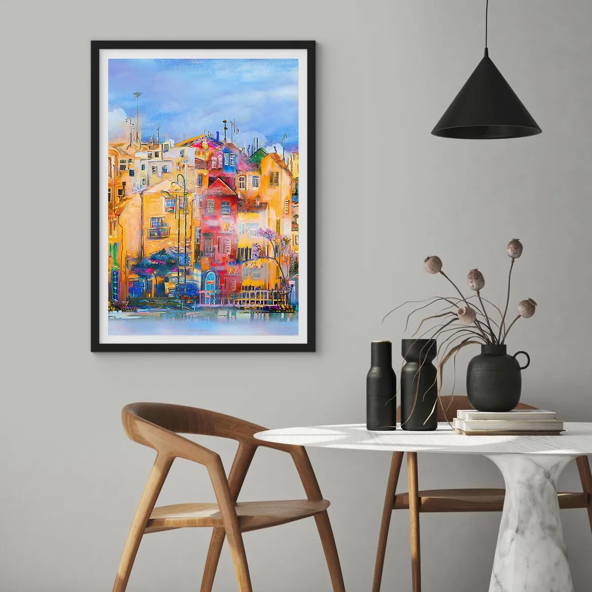 Poszter fehér keretben - Színes bérházak művészi stílusban - 50x70cm - Együtt vagyunk - Modern fali dekoráció nappalihoz és hálószobához ARTTOR