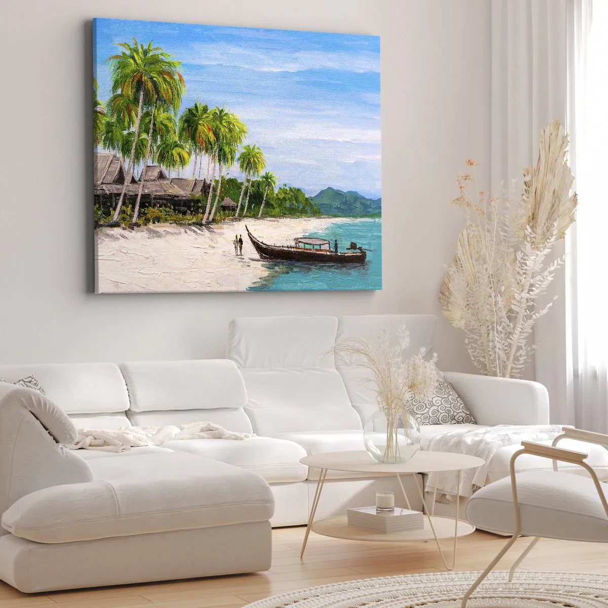 Vászonkép - Egy egzotikus strand pálmafákkal és egy hajóval a parton - 70x50cm - Egy egzotikus álom - Modern fali dekoráció nappalihoz és hálószobához ARTTOR