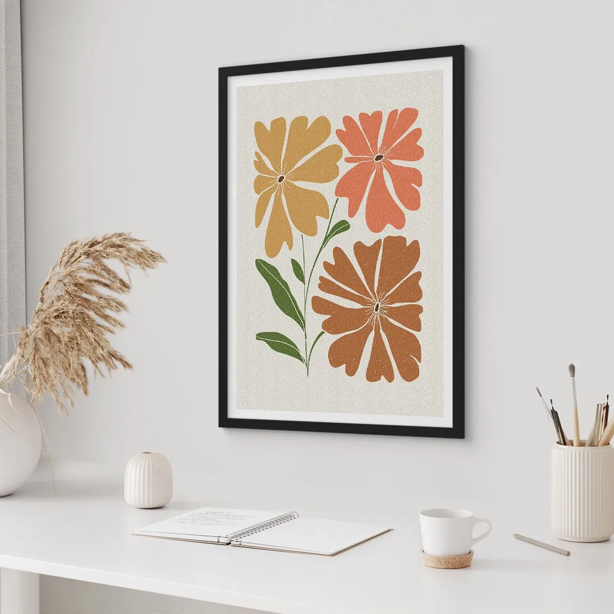 Poszter fehér keretben - Minimalista virágok meleg árnyalatokban - 50x70cm - Természet és geometria - Modern fali dekoráció nappalihoz és hálószobához ARTTOR