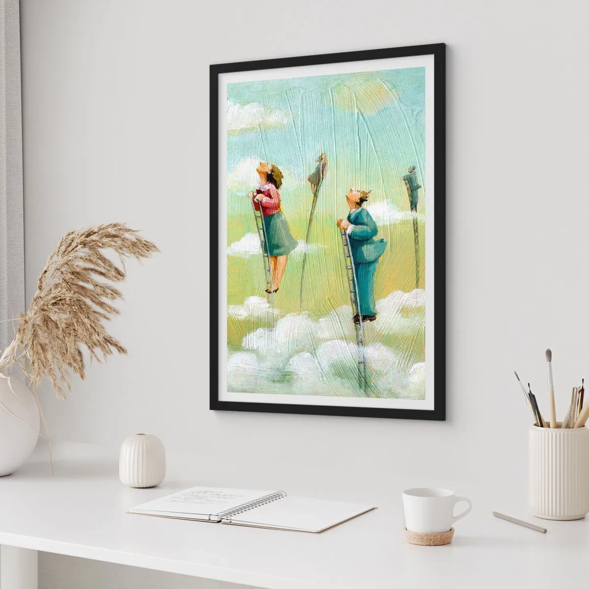 Poszter fehér keretben - Felhőkben létrán mászó karakterek - 50x70cm - Az álmod mögött - Modern fali dekoráció nappalihoz és hálószobához ARTTOR