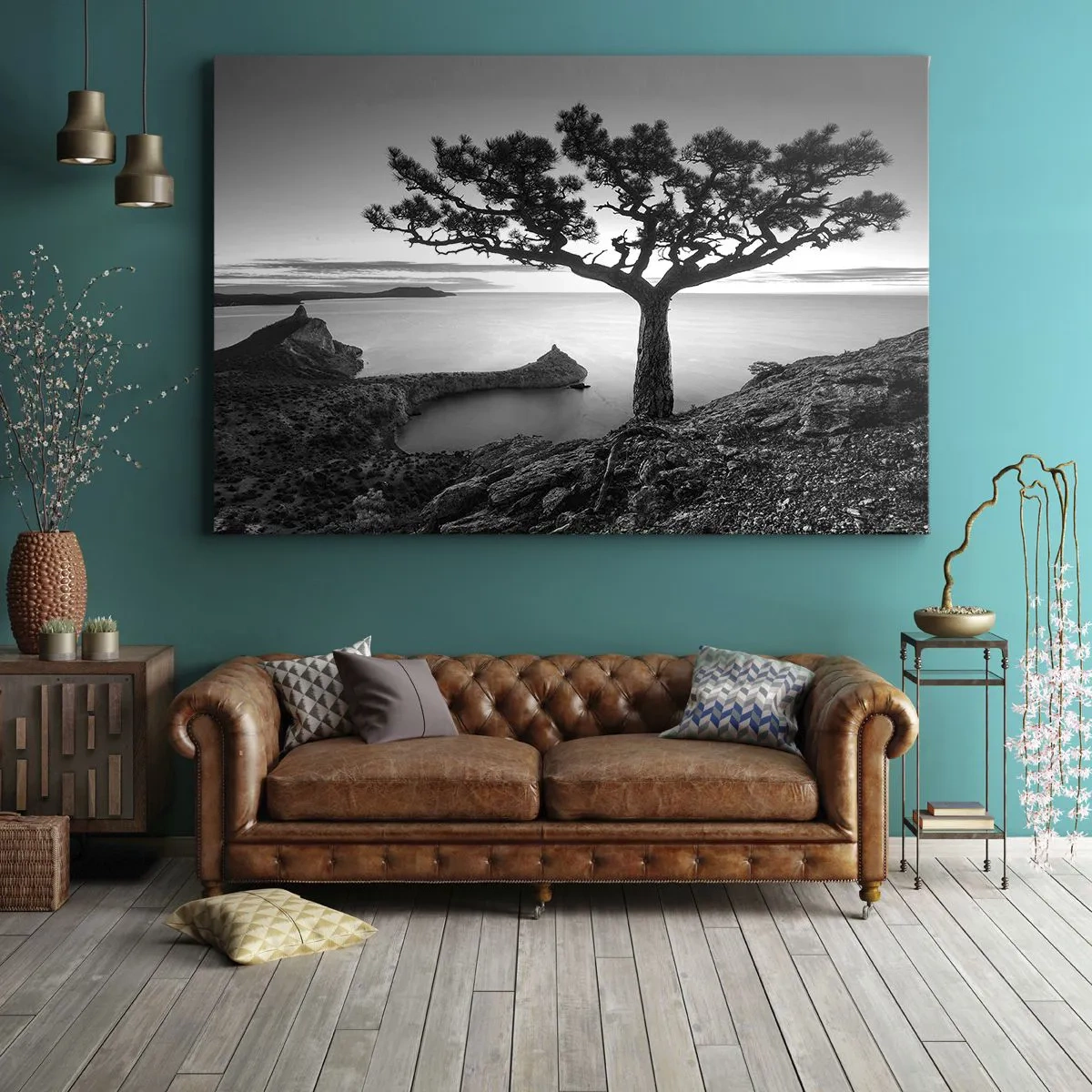 Vászonkép - Fekete-fehér tájkép egy magányos fával egy sziklán a tenger felett - 70x50cm - Béke a horizontig - Modern fali dekoráció nappalihoz és hálószobához ARTTOR
