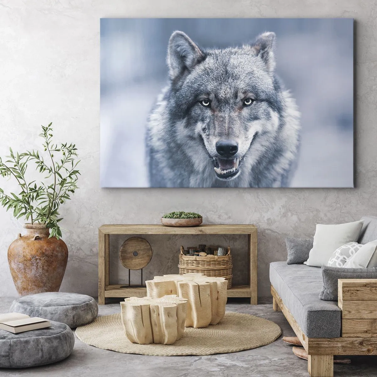 Vászonkép - Egy farkas intenzív tekintettel egy téli tájban - 70x50cm - Vállalod a kihívást? - Modern fali dekoráció nappalihoz és hálószobához ARTTOR