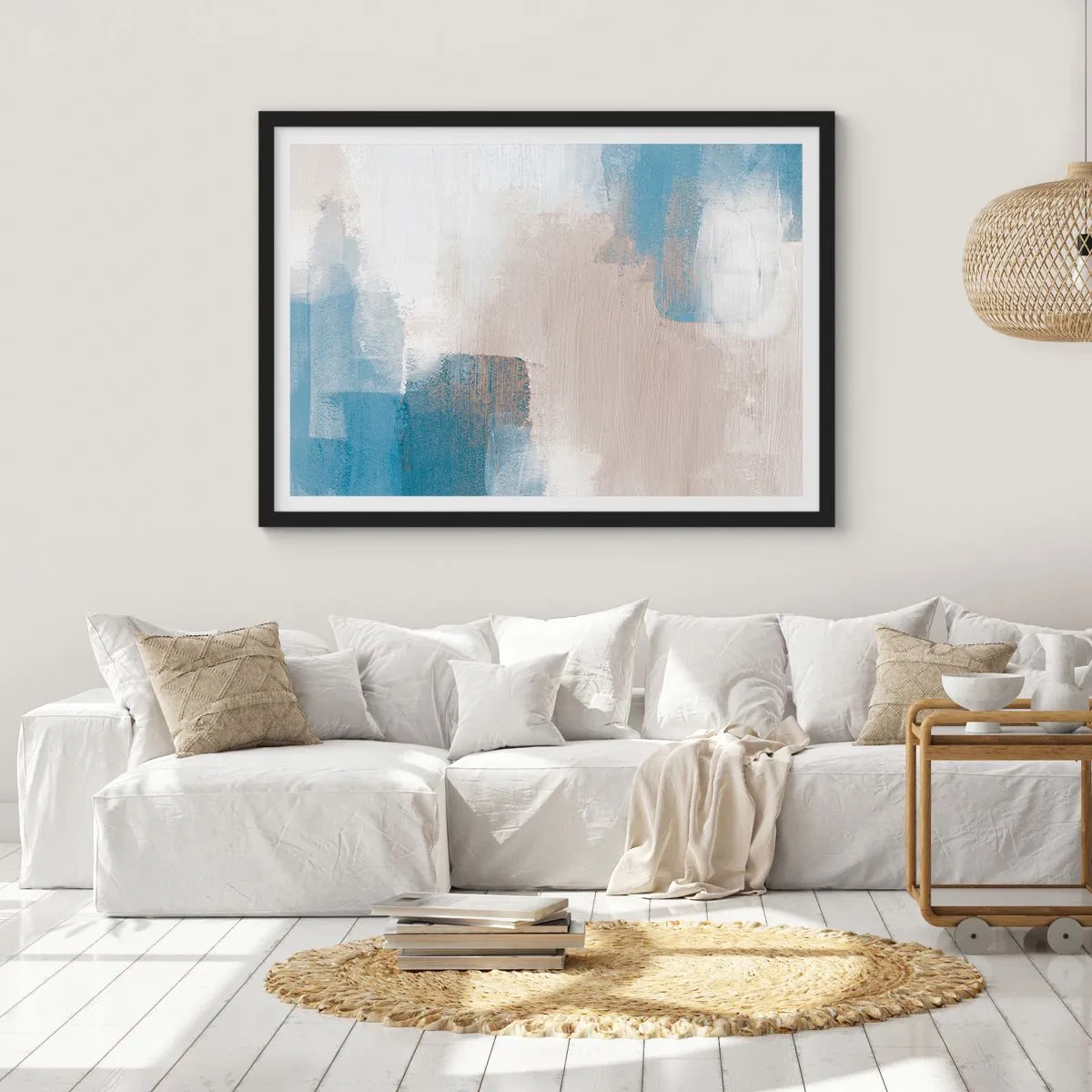 Poszter fehér keretben - Rózsaszín absztrakció egy kék fátyol mögött - 100x70 cm