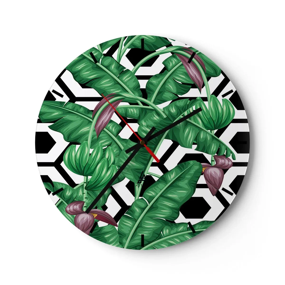 Falióra, Óra - Trópusi banánlevelek geometrikus alapon - 30x30cm - Természeténél fogva szimmetrikus kompozíció - Modern fali dekoráció nappalihoz, konyhához és hálószobához ARTTOR