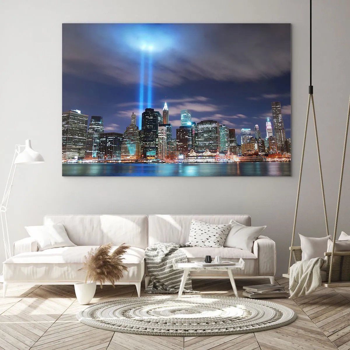 Üveg kép - Esti panoráma a városra reflektorokkal - 70x50cm - Érd el a fénnyel az eget - Modern fali dekoráció nappalihoz és hálószobához ARTTOR