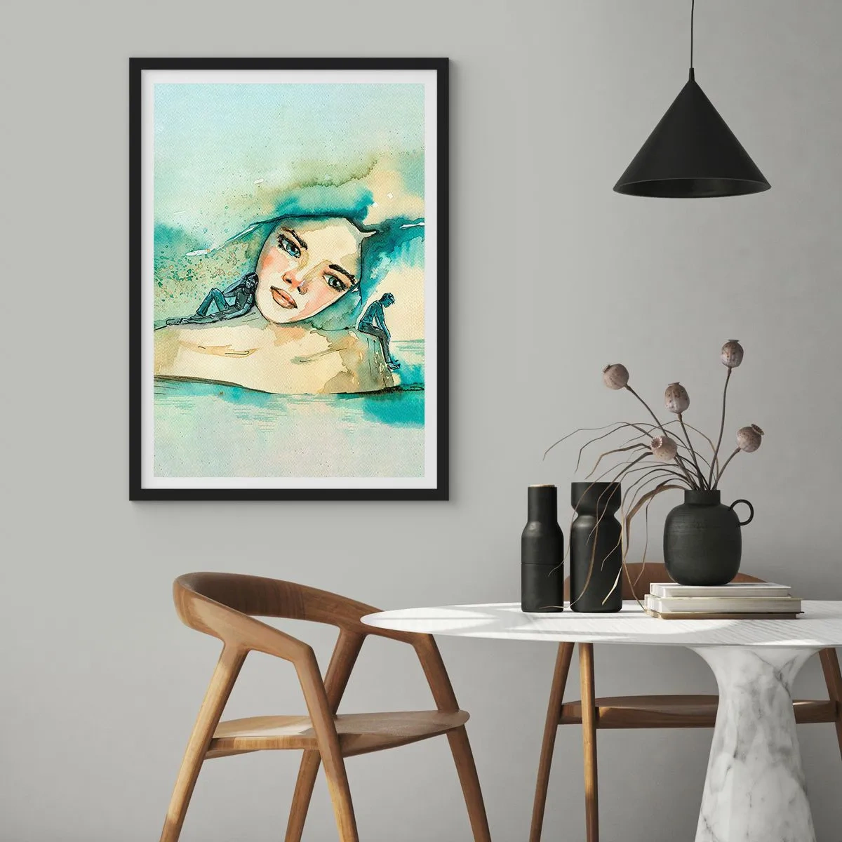 Poszter fehér keretben - Nő portréja művészi akvarell stílusban - 50x70cm - Am I blue? - Modern fali dekoráció nappalihoz és hálószobához ARTTOR
