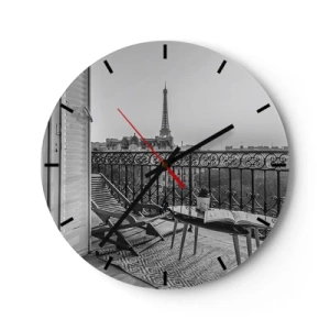 Falióra, Óra - Kilátás az Eiffel-torony erkélyéről fekete-fehérben - 30x30cm - Párizsi délután - Modern fali dekoráció nappalihoz, konyhához és hálószobához ARTTOR